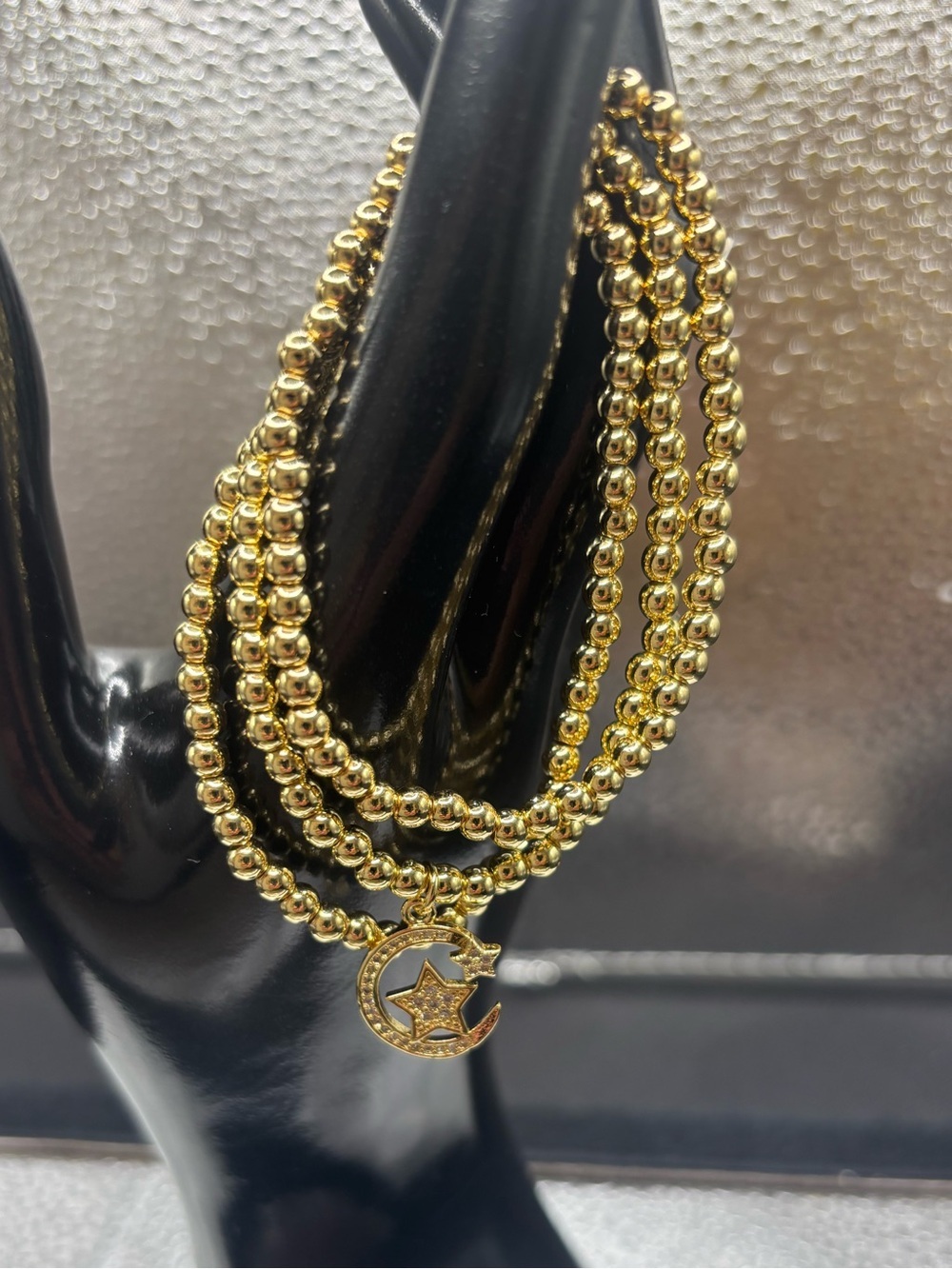 Gold Beaded Wrap Bracelet with Moon & Star Charm